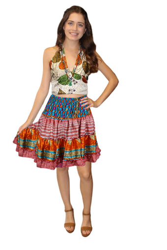 Women's Red Floral Print Tiered Ruched Mini Skirt Smocked Waist Bohemian Skirt  S/M